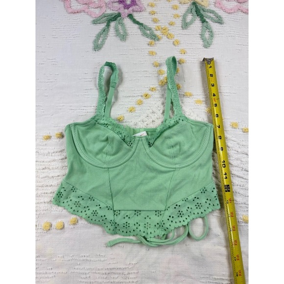 Colsie Corset Crop Top Green Ribbed Eyelet Lace Up Tie Back Adjustable Strap S - Picture 7 of 11